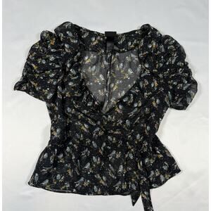 H&M Black Floral Bird Print Wrap Blouse Women Size 4 Small Ruffle Sheer Tie Wais